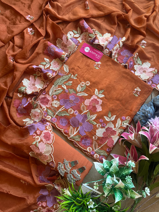 Floral affair soft muslin silk suit set with chinnon dupatta