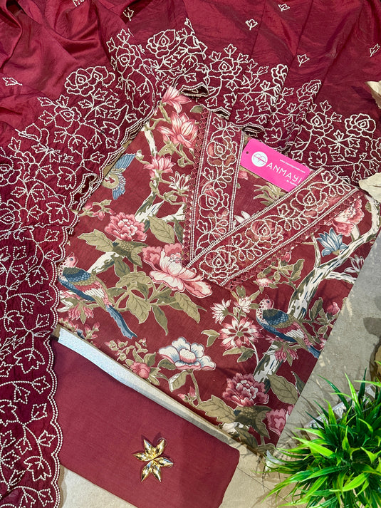 Organza patched printed cotton suit set with cotton silk embroidered dupatta