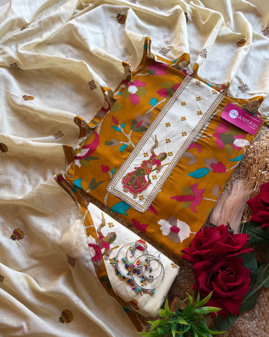 Dandiya Cambric cotton suit set with embroidered bottom and dupatta