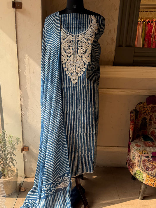 Chikankari neck Indigo printed fine Cambric cotton suit set