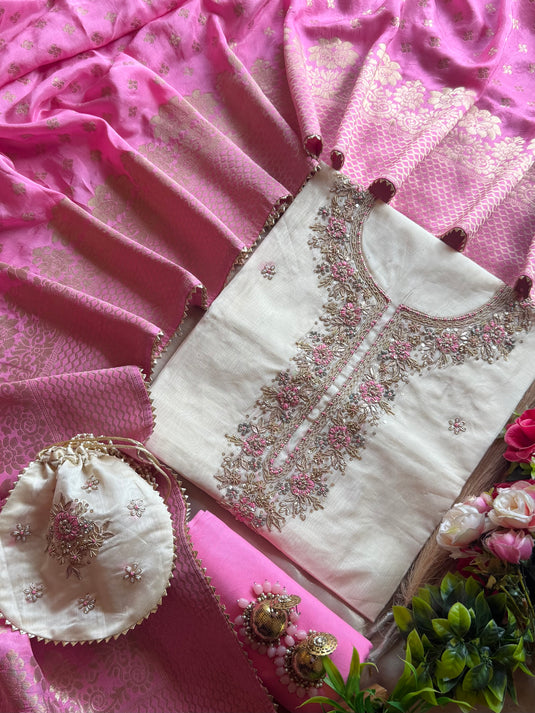 Chanderi silk combination Banarasi dupatta potli suit set