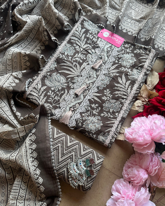 Cocoa brown cambric cotton suit set with tassel neck