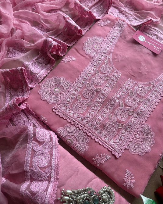 Pure georgette chikankari flower work suit set