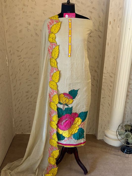 Appliqué work pure mul chanderi suit with cutwork dupatta