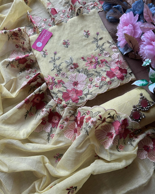 Mul Chanderi cutwork embroidered suit sets