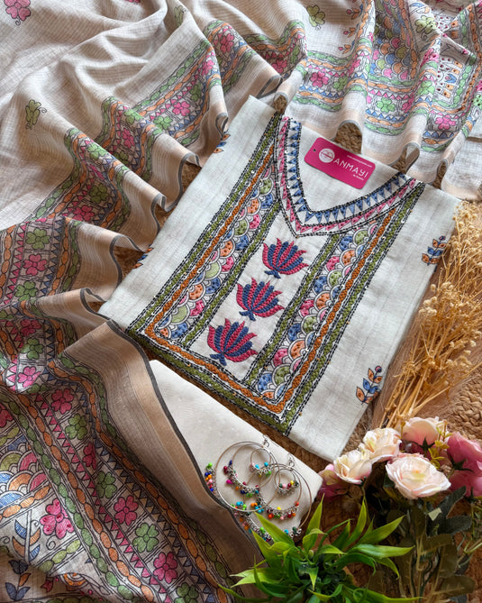 Kantha work traditional Khadi Chanderi suit set