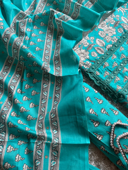 Patterned neck floral print cambric cotton suit