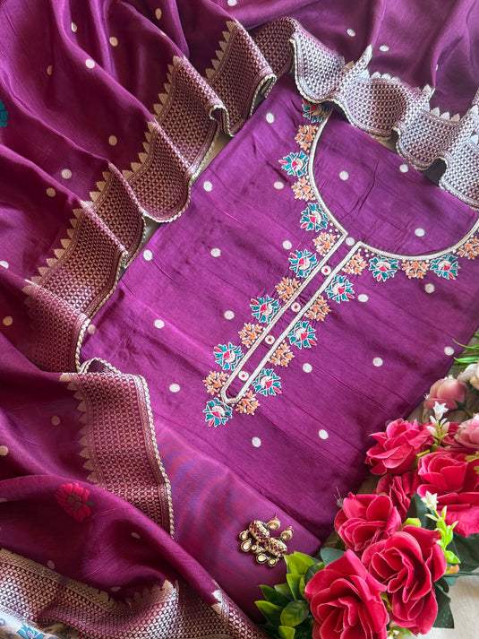 Raw silk mulberry brocade border suit set