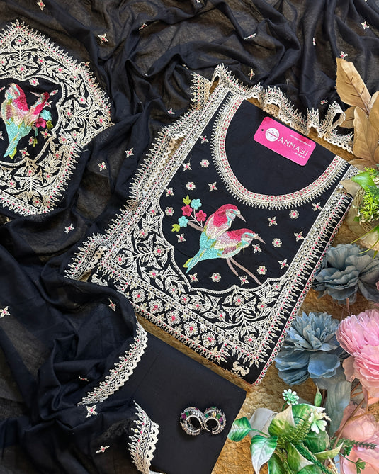 Parrot paradise embroidered cotton suit set