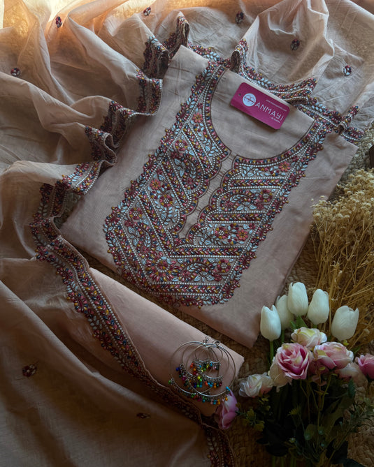 Mul Chanderi Phulkari coloured work suit set