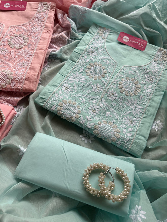 Cotton pastel Chikankari pearl neck suit set