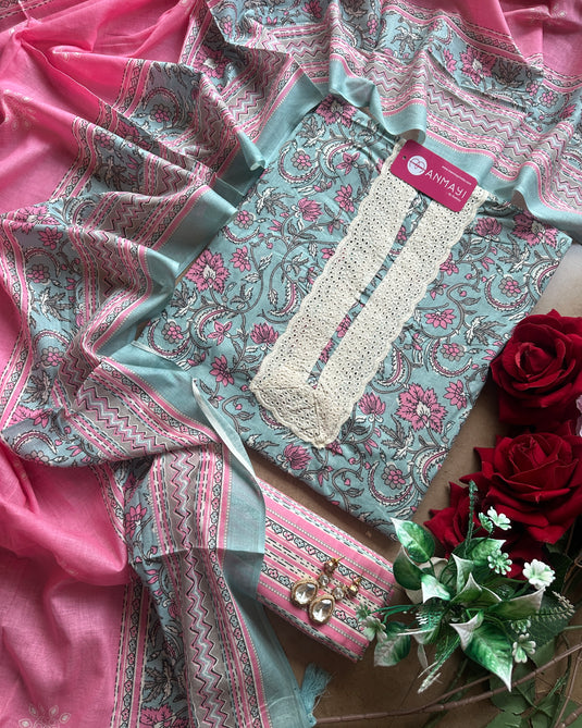 Printed cotton hakooba lace block print suit