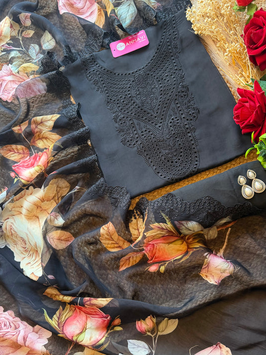 Organza Pakistani suit set with cutwork neck and digital dupatta