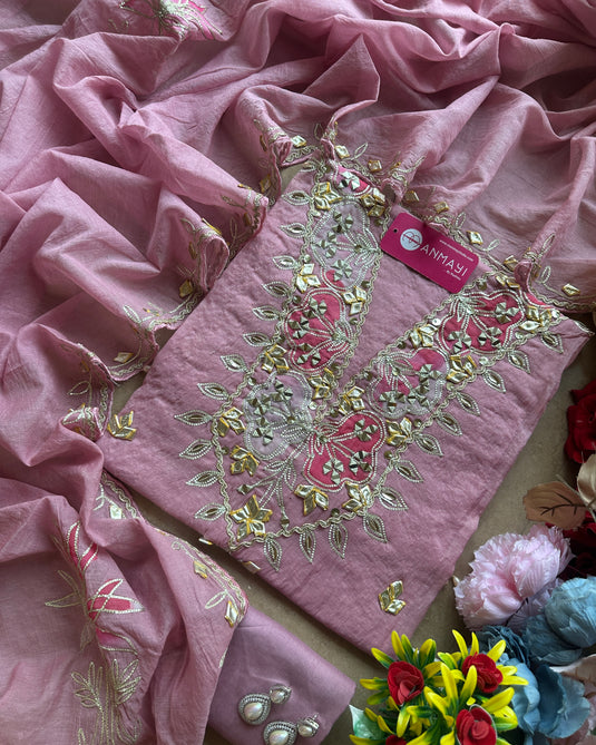 Gotta embroidered neck pure mul chanderi suit set