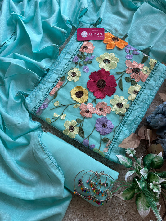 3D floral panel cotton crochet suit set