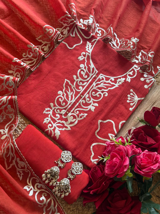 Leather work festive Mul Chanderi suit set