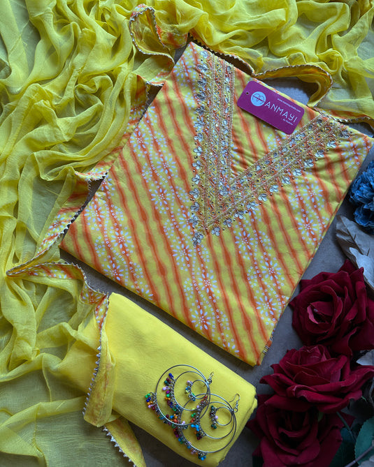 Pure cotton lehria print suit set with gotta v neck and pure chiffon dupatta