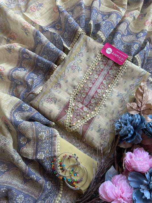 Printed linen Chanderi suits with highlighted thread and mirror details