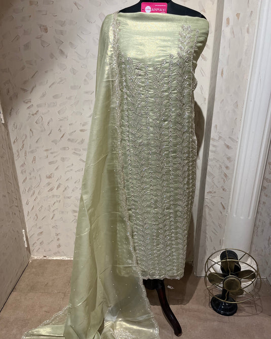 Hand embroidered cutdana work shimmer organza suit set