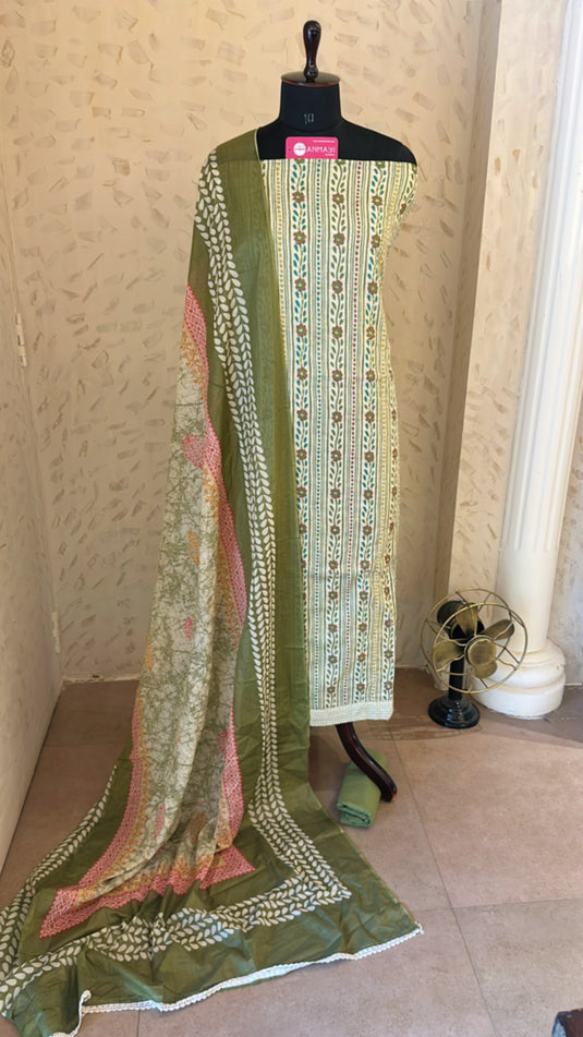 Katha work printed cambric cotton suit set