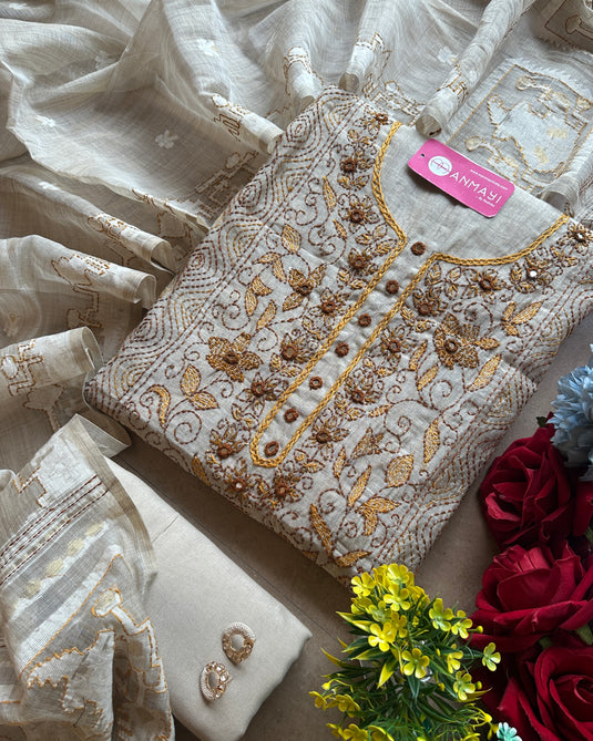 Authentic Kantha work golden Jamdani suit set
