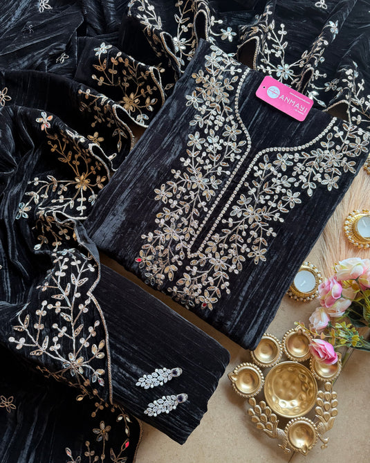 Crushed velvet mirror work suit set