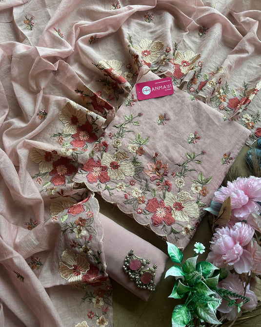 Mul Chanderi cutwork embroidered suit sets