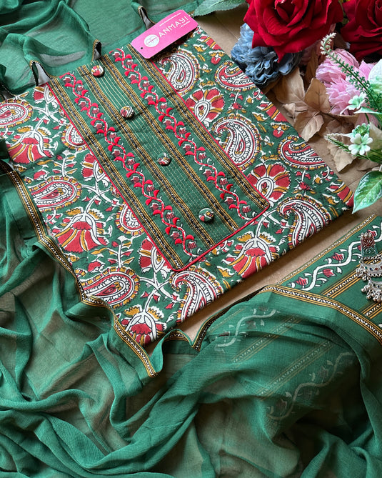 Printed ambi forest green cambric cotton suit set