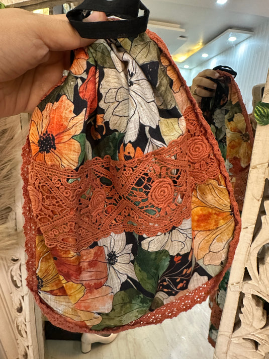 Floral crochet details printed cotton coord set