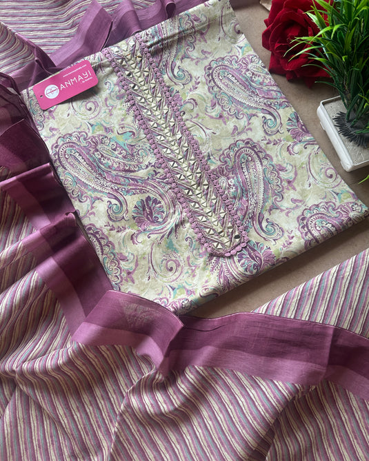 Cambric cotton ambi print suit set with cotton stripes dupatta