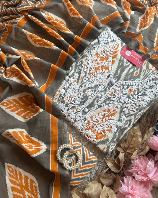 Ikkat print chikan neck soft cotton suit set