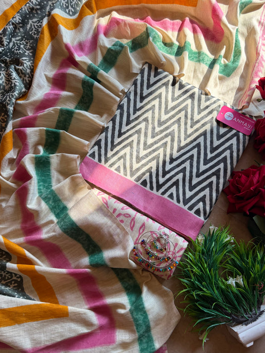Zig zag patterned Khadi pashmina suit set with floral dupatta