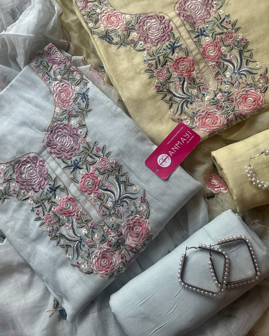 Parsi work Mul Chanderi suit set