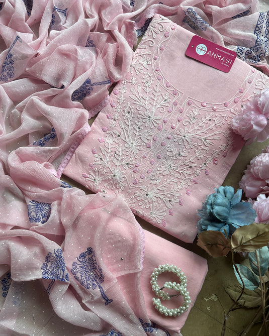 Chikankari neck block print pure cotton suits with chiffon dupatta