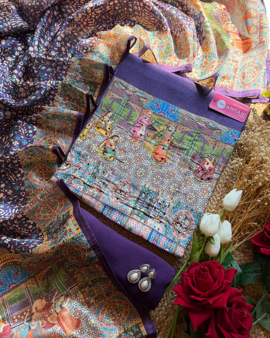 Mehfill Tussar silk suit set with highlighted embroidery