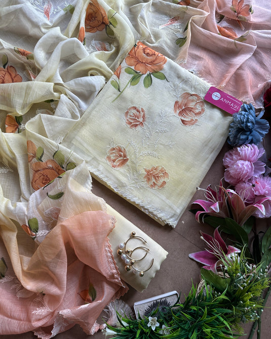 Pure Mul handpaint shaded aari work suit set with ombré dupatta