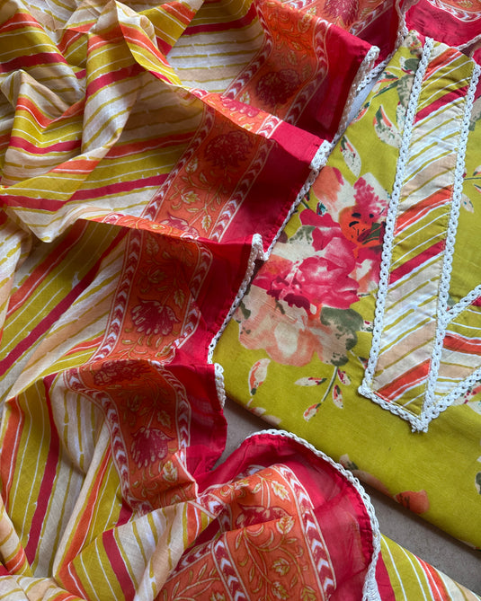 V neck printed floral suit set with print cotton salwar