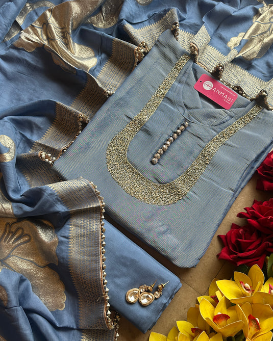 Shimmer lines cutwork u neck with potli buttons and jacquard dupatta