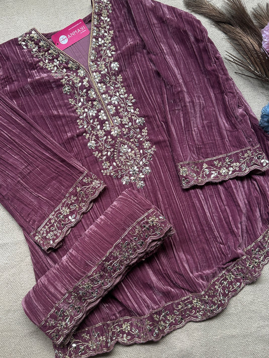 Crushed velvet Pakistani coord sets with Dori and mirror details