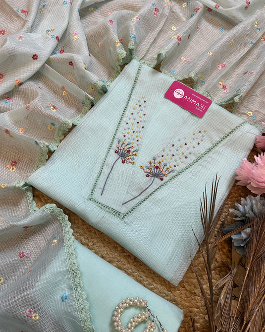 Coloured Pearls neck Kota Doria suit with garden dupatta