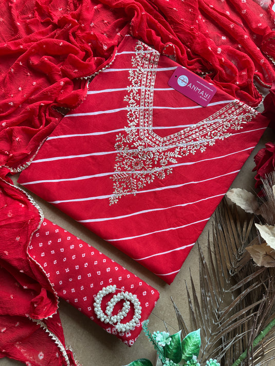 Lehria pure cotton pita work suit set with Bandhani chiffon dupatta