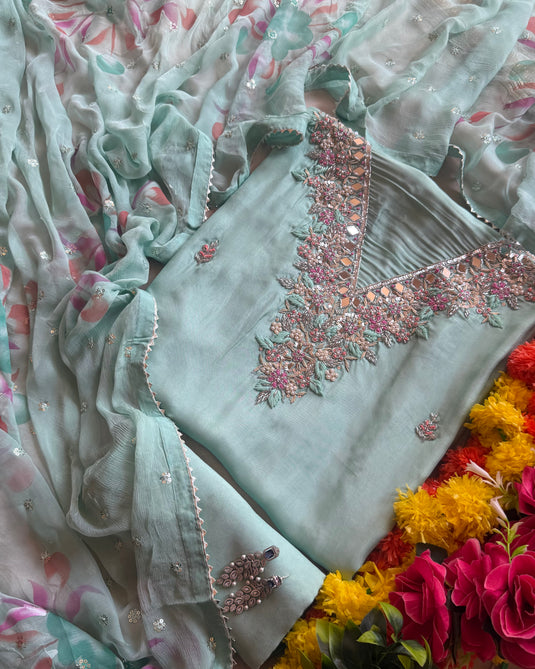 Crepe silk embroidered mirror neck suit set with chiffon Handpaint highlights dupatta