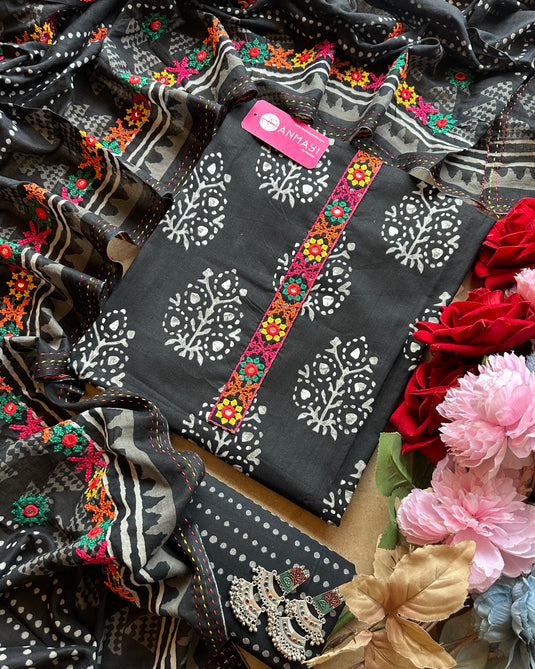 Block print cotton suit set with Phulwari work dupatta