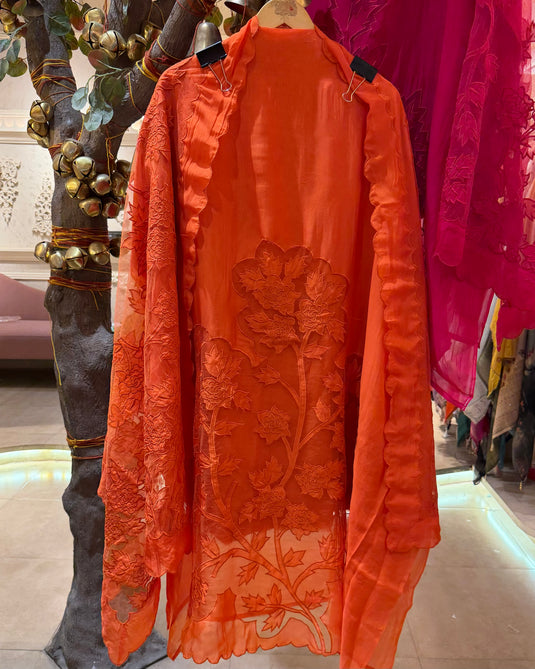 Pure Organza applique work suit set with soft net dupatta