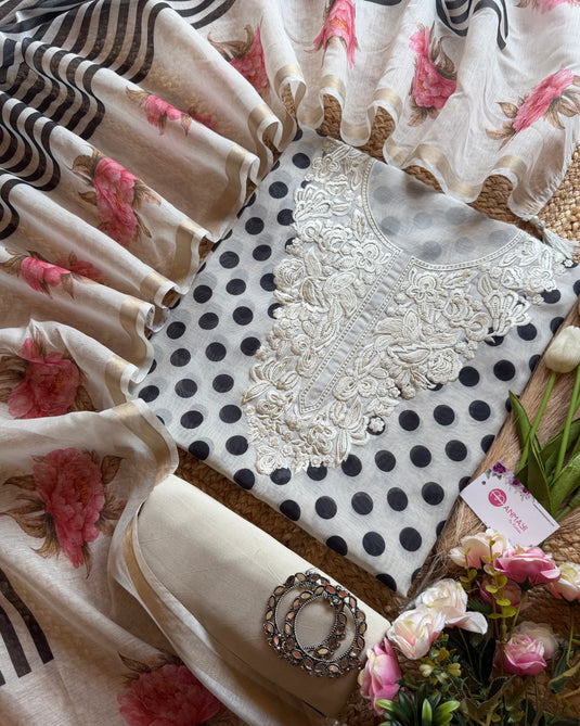 Polka dots parsi neck chanderi suit set