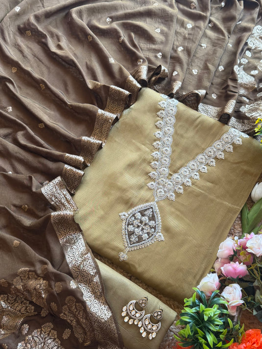 Shimmer lines cotton silk V neck suit set with jacquard dupatta