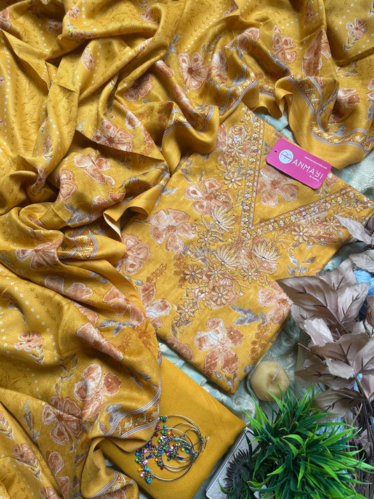 Embroidered V neck printed pashmina suit sets