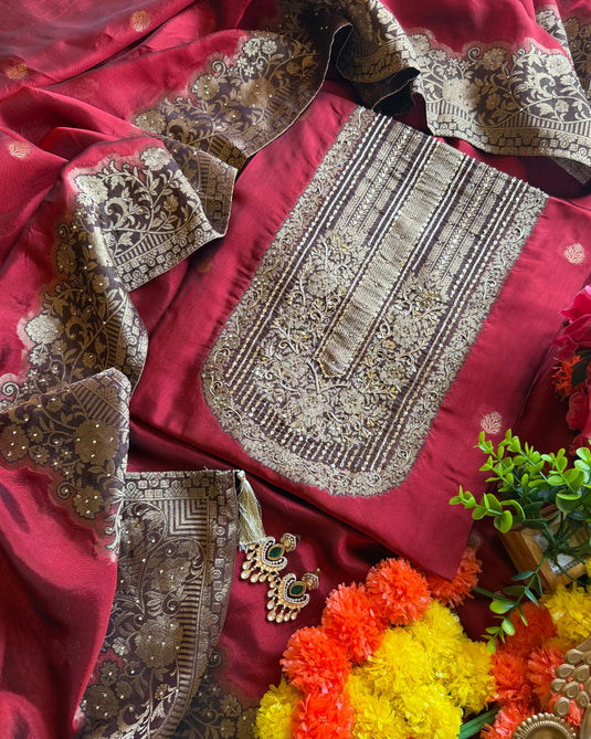 Taffeta Silk rusty red brocade finished suit set