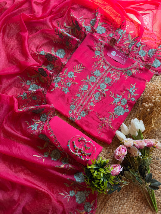 Upada Silk Machine work suit set with organza dupatta