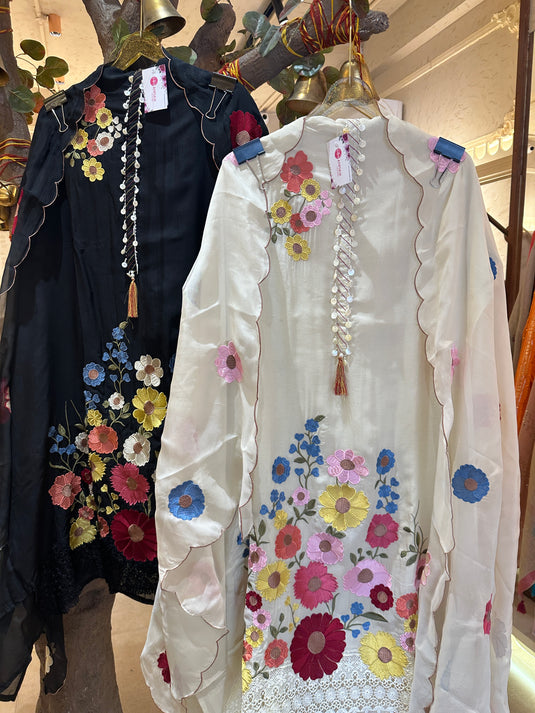 Multicoloured patched floral pure organza suit set